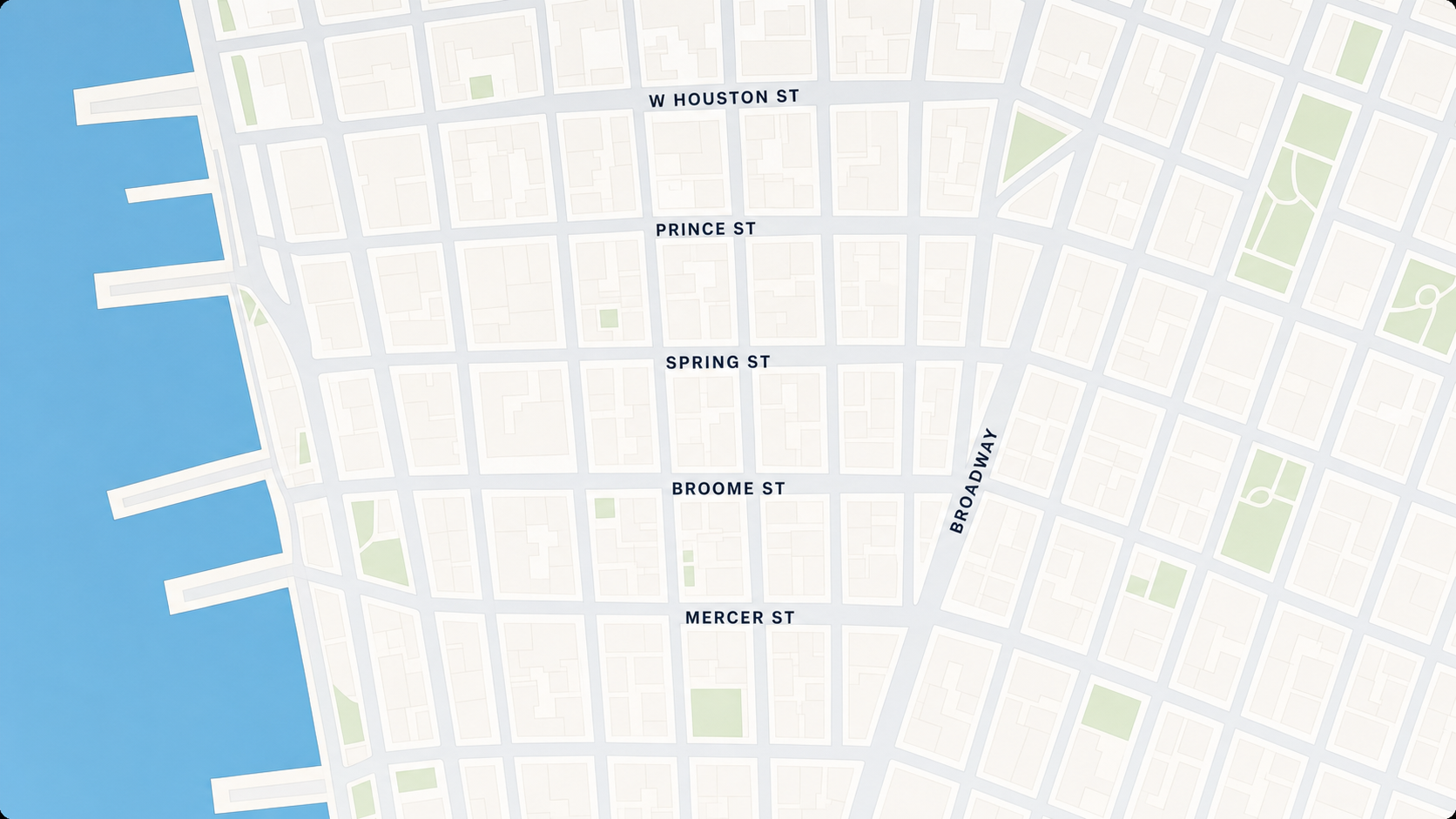 Stylized street-grid map of the SoHo service area in Manhattan